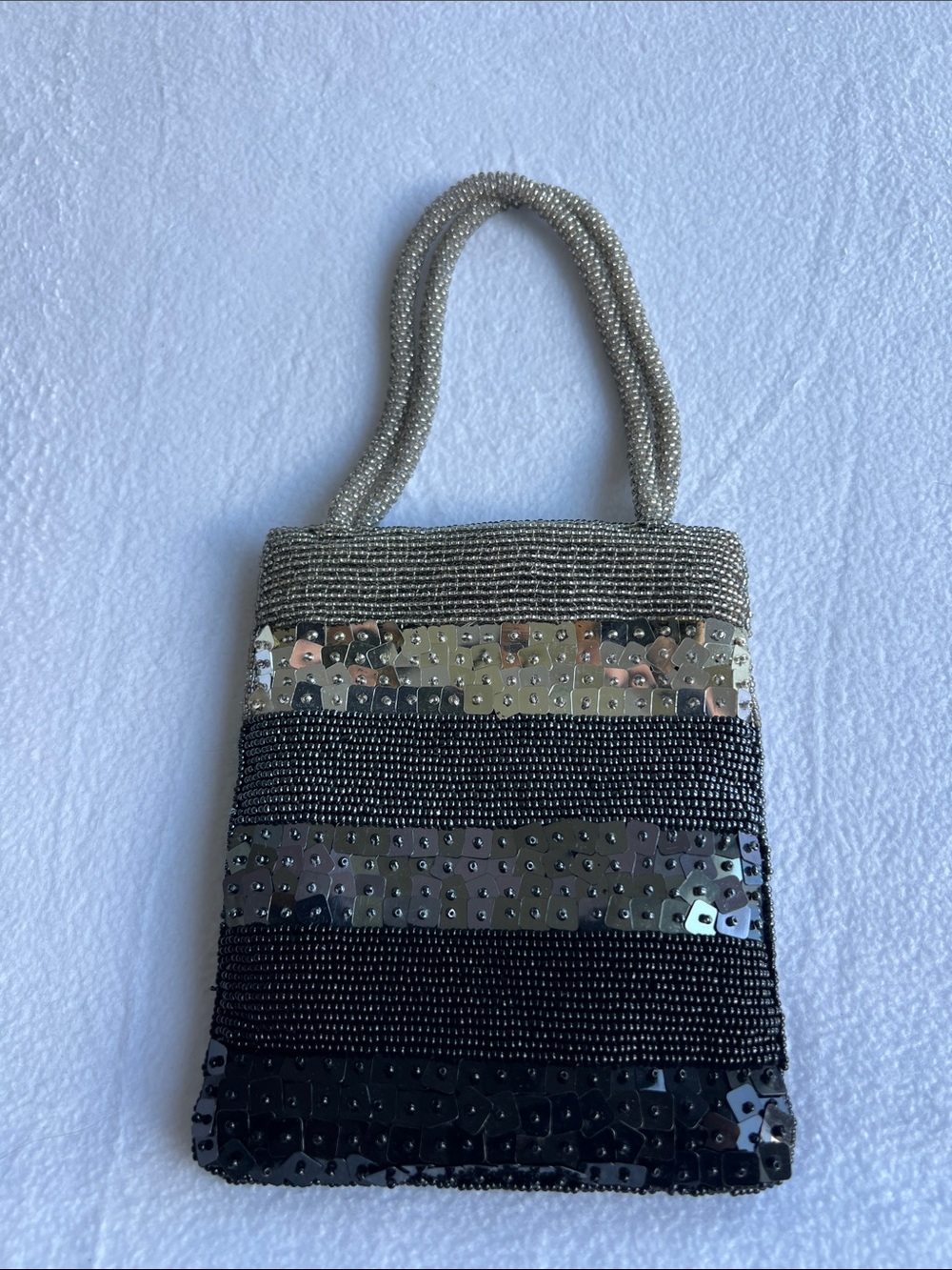 Beaded Sequined Black & Silver Evening Bag